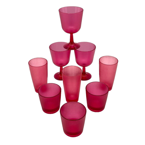 Lot of 9 VTG Pink Plastic Tumbler, Wine Goblet, Water Cups Textured Beverageware - Picture 1 of 16